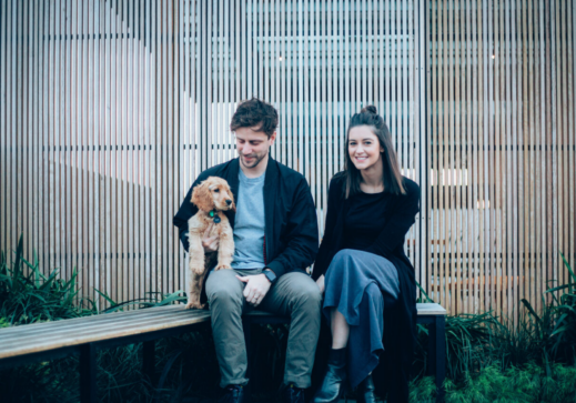 Oran, Emma and their dog outside their Nightingale residence